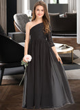 Grace A-Line One-Shoulder Floor-Length Chiffon Lace Junior Bridesmaid Dress STAP0013486