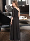 Grace A-Line One-Shoulder Floor-Length Chiffon Lace Junior Bridesmaid Dress STAP0013486