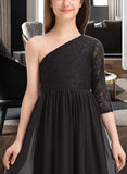 Grace A-Line One-Shoulder Floor-Length Chiffon Lace Junior Bridesmaid Dress STAP0013486