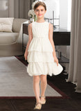 Helen A-Line Scoop Neck Knee-Length Chiffon Junior Bridesmaid Dress With Bow(s) Cascading Ruffles STAP0013487