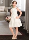 Helen A-Line Scoop Neck Knee-Length Chiffon Junior Bridesmaid Dress With Bow(s) Cascading Ruffles STAP0013487