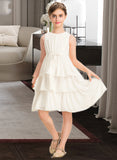 Helen A-Line Scoop Neck Knee-Length Chiffon Junior Bridesmaid Dress With Bow(s) Cascading Ruffles STAP0013487