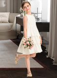 Helen A-Line Scoop Neck Knee-Length Chiffon Junior Bridesmaid Dress With Bow(s) Cascading Ruffles STAP0013487