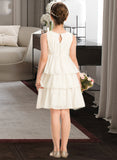 Helen A-Line Scoop Neck Knee-Length Chiffon Junior Bridesmaid Dress With Bow(s) Cascading Ruffles STAP0013487