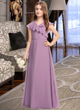 Esme A-Line V-neck Floor-Length Chiffon Junior Bridesmaid Dress With Bow(s) Cascading Ruffles STAP0013494