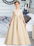 Emmy Ball-Gown/Princess Scoop Neck Floor-Length Satin Lace Junior Bridesmaid Dress STAP0013498