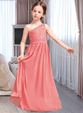 Annabel A-Line One-Shoulder Floor-Length Chiffon Lace Junior Bridesmaid Dress STAP0013500