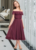 Yaritza A-Line Off-the-Shoulder Tea-Length Chiffon Lace Junior Bridesmaid Dress STAP0013505