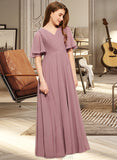 Clare A-Line V-neck Floor-Length Chiffon Junior Bridesmaid Dress With Ruffle STAP0013510