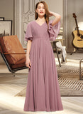 Clare A-Line V-neck Floor-Length Chiffon Junior Bridesmaid Dress With Ruffle STAP0013510