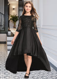 Josie A-Line Scoop Neck Asymmetrical Satin Lace Junior Bridesmaid Dress With Ruffle STAP0013511