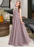 Hadley A-Line High Neck Floor-Length Chiffon Junior Bridesmaid Dress With Bow(s) Cascading Ruffles STAP0013512