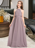 Hadley A-Line High Neck Floor-Length Chiffon Junior Bridesmaid Dress With Bow(s) Cascading Ruffles STAP0013512