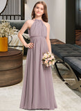 Hadley A-Line High Neck Floor-Length Chiffon Junior Bridesmaid Dress With Bow(s) Cascading Ruffles STAP0013512