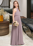 Hadley A-Line High Neck Floor-Length Chiffon Junior Bridesmaid Dress With Bow(s) Cascading Ruffles STAP0013512