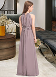 Hadley A-Line High Neck Floor-Length Chiffon Junior Bridesmaid Dress With Bow(s) Cascading Ruffles STAP0013512