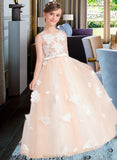 Maia Ball-Gown/Princess Scoop Neck Floor-Length Tulle Junior Bridesmaid Dress With Flower(s) Bow(s) STAP0013534