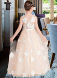 Maia Ball-Gown/Princess Scoop Neck Floor-Length Tulle Junior Bridesmaid Dress With Flower(s) Bow(s) STAP0013534