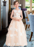 Maia Ball-Gown/Princess Scoop Neck Floor-Length Tulle Junior Bridesmaid Dress With Flower(s) Bow(s) STAP0013534