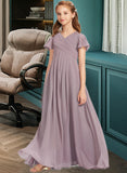 Rebecca A-Line V-neck Floor-Length Chiffon Junior Bridesmaid Dress With Ruffle STAP0013554