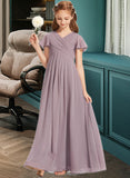 Rebecca A-Line V-neck Floor-Length Chiffon Junior Bridesmaid Dress With Ruffle STAP0013554