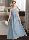 India A-Line V-neck Floor-Length Chiffon Junior Bridesmaid Dress With Ruffle STAP0013561