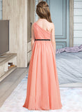 Stephanie A-Line One-Shoulder Floor-Length Chiffon Junior Bridesmaid Dress With Ruffle Bow(s) STAP0013570