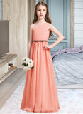 Stephanie A-Line One-Shoulder Floor-Length Chiffon Junior Bridesmaid Dress With Ruffle Bow(s) STAP0013570