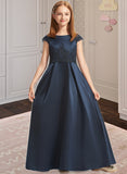 Eleanor A-Line Scoop Neck Floor-Length Satin Lace Junior Bridesmaid Dress With Beading Sequins Bow(s) STAP0013574