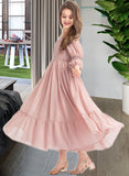 Sue A-Line Square Neckline Ankle-Length Chiffon Junior Bridesmaid Dress With Ruffle Lace STAP0013575