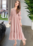 Sue A-Line Square Neckline Ankle-Length Chiffon Junior Bridesmaid Dress With Ruffle Lace STAP0013575