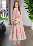 Sue A-Line Square Neckline Ankle-Length Chiffon Junior Bridesmaid Dress With Ruffle Lace STAP0013575