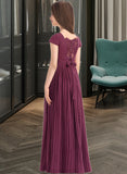 Arianna A-Line Square Neckline Floor-Length Chiffon Junior Bridesmaid Dress With Lace Bow(s) Pleated STAP0013576