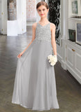 Ina A-Line V-neck Floor-Length Chiffon Lace Junior Bridesmaid Dress STAP0013579