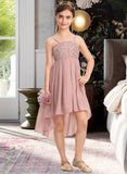 Kaelyn A-Line Square Neckline Asymmetrical Chiffon Lace Junior Bridesmaid Dress STAP0013580