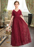 Haylie A-Line V-neck Floor-Length Lace Junior Bridesmaid Dress With Ruffle Bow(s) STAP0013581