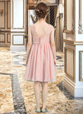 Brianna A-Line V-neck Knee-Length Chiffon Junior Bridesmaid Dress With Bow(s) STAP0013586