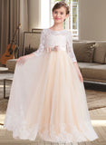 Jaliyah Ball-Gown/Princess Scoop Neck Floor-Length Tulle Lace Junior Bridesmaid Dress With Sash Beading Bow(s) STAP0013589