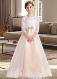 Jaliyah Ball-Gown/Princess Scoop Neck Floor-Length Tulle Lace Junior Bridesmaid Dress With Sash Beading Bow(s) STAP0013589