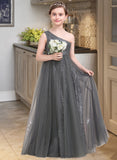 Undine A-Line One-Shoulder Floor-Length Tulle Sequined Junior Bridesmaid Dress With Ruffle STAP0013592