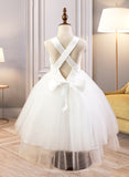 Bridget Ball-Gown/Princess Sweetheart Tea-Length Satin Tulle Lace Junior Bridesmaid Dress With Bow(s) STAP0013597