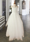 Aubrie A-Line Scoop Neck Floor-Length Tulle Lace Junior Bridesmaid Dress With Lace STAP0013598