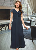 Precious A-Line V-neck Floor-Length Chiffon Junior Bridesmaid Dress With Bow(s) Cascading Ruffles STAP0013599