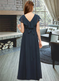 Precious A-Line V-neck Floor-Length Chiffon Junior Bridesmaid Dress With Bow(s) Cascading Ruffles STAP0013599