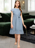 Skyla A-Line Scoop Neck Knee-Length Chiffon Junior Bridesmaid Dress With Bow(s) Cascading Ruffles STAP0013601