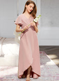 Jaylee A-Line V-neck Asymmetrical Chiffon Junior Bridesmaid Dress With Ruffle STAP0013604