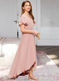 Jaylee A-Line V-neck Asymmetrical Chiffon Junior Bridesmaid Dress With Ruffle STAP0013604