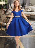 Harper A-Line Off-the-Shoulder Knee-Length Satin Junior Bridesmaid Dress With Beading Bow(s) STAP0013605