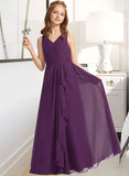 Olive A-Line V-neck Floor-Length Chiffon Junior Bridesmaid Dress With Ruffles STAP0013607