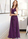 Olive A-Line V-neck Floor-Length Chiffon Junior Bridesmaid Dress With Ruffles STAP0013607